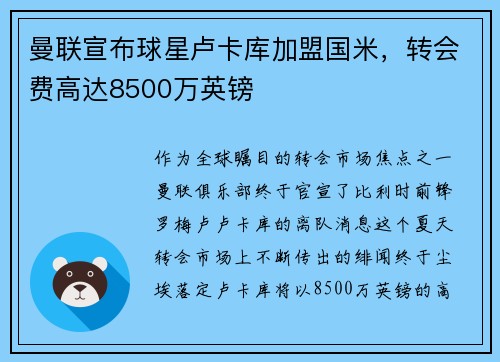 曼联宣布球星卢卡库加盟国米，转会费高达8500万英镑
